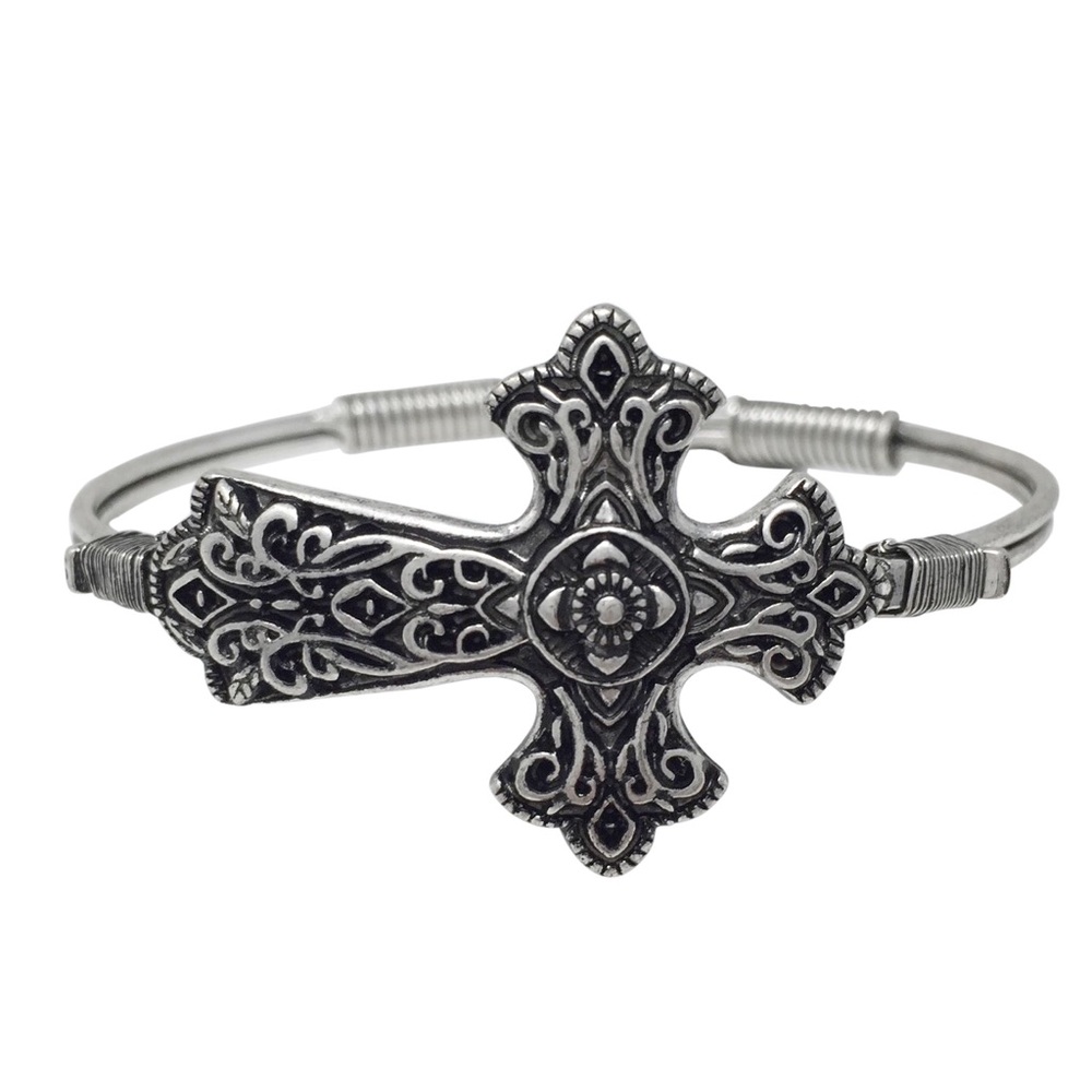Ornate Swirl Silver Tone Sideways Cross Hook Bangle Bracelet